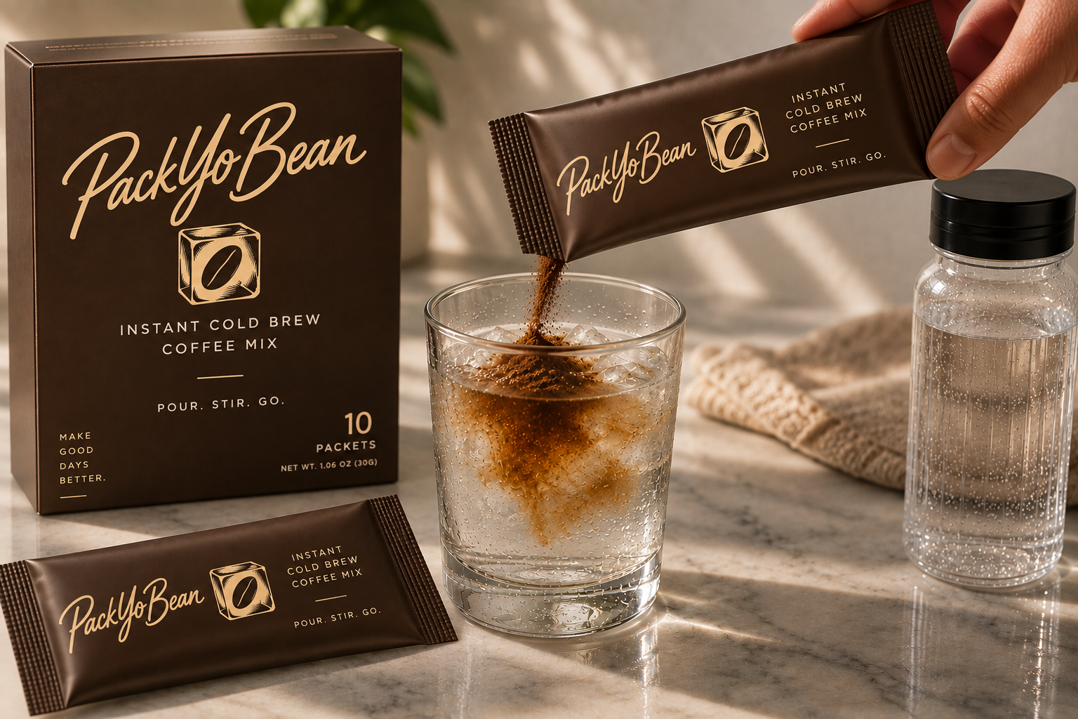 PackYoBean brown coffee box and stick packs beside a glass of iced water